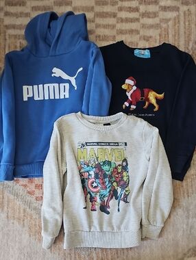 3Pack Assorted Style Puma Hoodie, Grey Marvel Crewneck & Navy Sweatshirt Size 5T